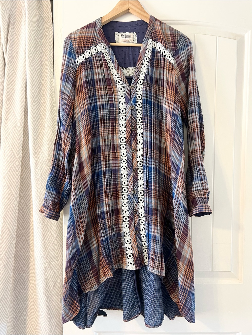 HOLDING HORSES Plaid Midi Cottage core Dress in Blue and Brown Small
